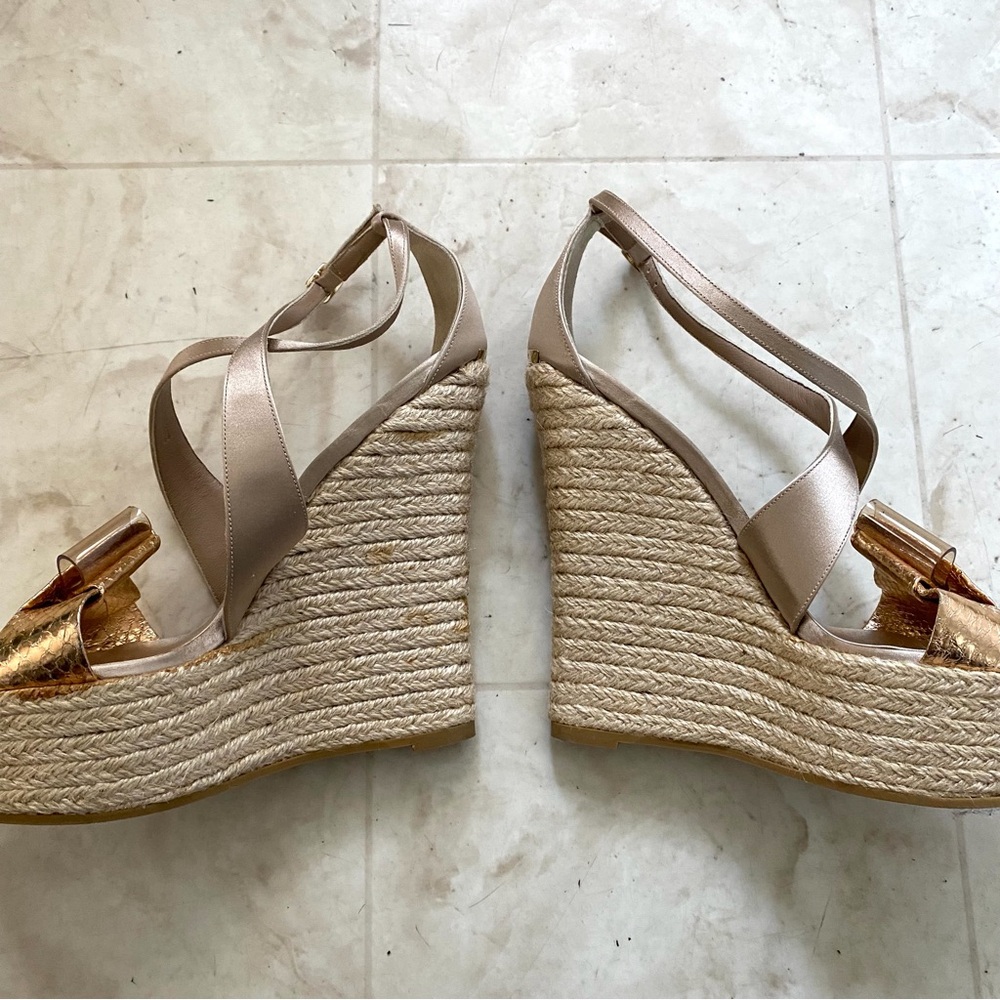 Burberry Made in Italy Satin Rosegold Leather Bow Espadrilles Sandals sz 9/39 - Picture 6 of 14